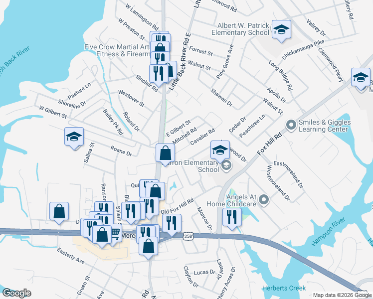 map of restaurants, bars, coffee shops, grocery stores, and more near 20 Mitchell Road in Hampton