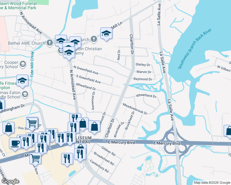map of restaurants, bars, coffee shops, grocery stores, and more near 42 South Greenfield Avenue in Hampton