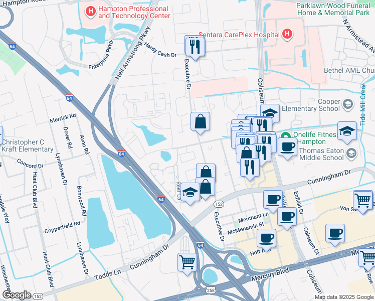 map of restaurants, bars, coffee shops, grocery stores, and more near 2205 Executive Drive in Hampton