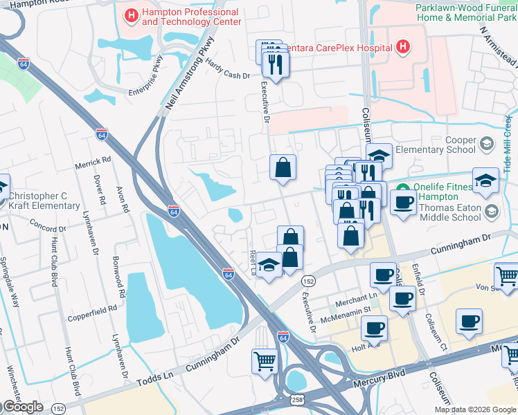 map of restaurants, bars, coffee shops, grocery stores, and more near 414 Marcella Road in Hampton