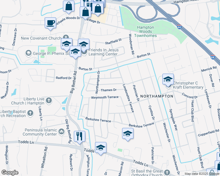 map of restaurants, bars, coffee shops, grocery stores, and more near 814 Headrow Terrace in Hampton