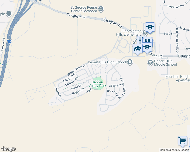 map of restaurants, bars, coffee shops, grocery stores, and more near 3439 South Barcelona Drive in St. George