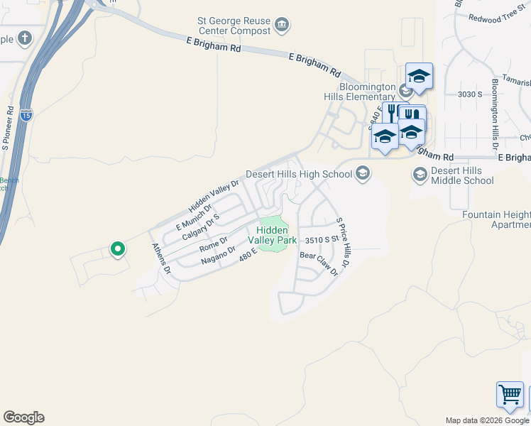 map of restaurants, bars, coffee shops, grocery stores, and more near 3439 South Barcelona Drive in St. George