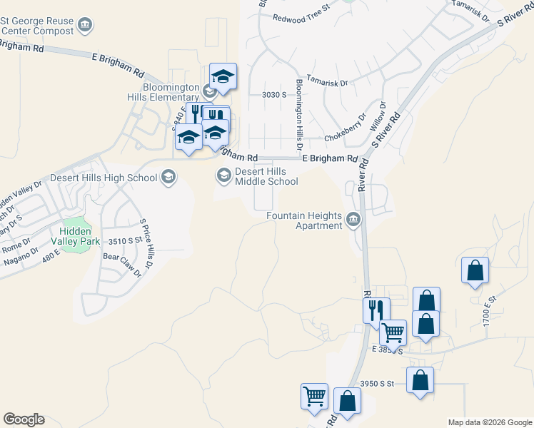 map of restaurants, bars, coffee shops, grocery stores, and more near 1050 East Brigham Road in St. George