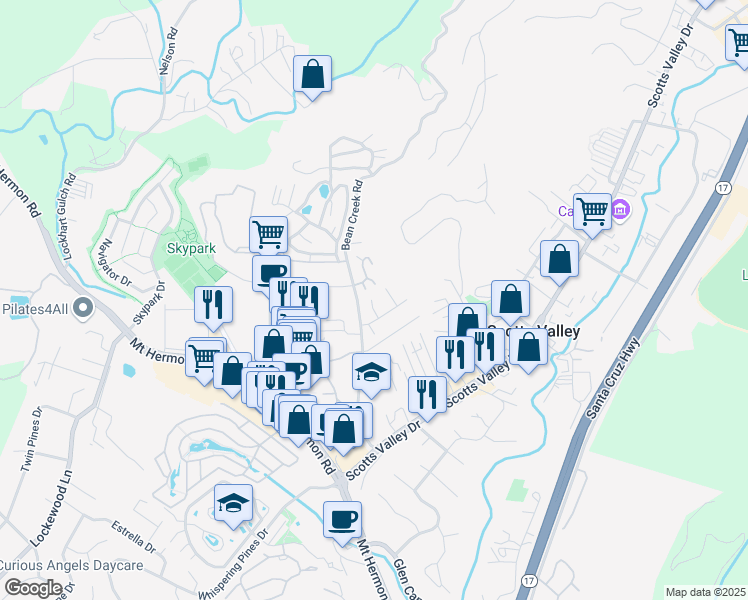 map of restaurants, bars, coffee shops, grocery stores, and more near 121 Oak Lane in Scotts Valley
