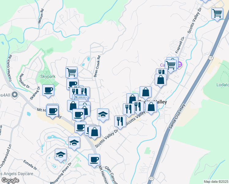 map of restaurants, bars, coffee shops, grocery stores, and more near 140 Oak Lane in Scotts Valley