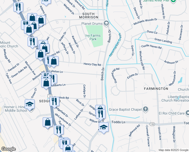 map of restaurants, bars, coffee shops, grocery stores, and more near 158 Lyliston Lane in Newport News