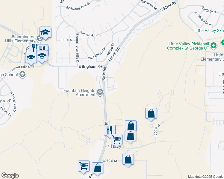 map of restaurants, bars, coffee shops, grocery stores, and more near 3419 South River Road in St. George