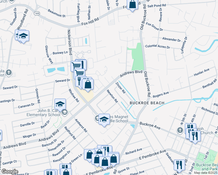 map of restaurants, bars, coffee shops, grocery stores, and more near 2302 Andrews Boulevard in Hampton