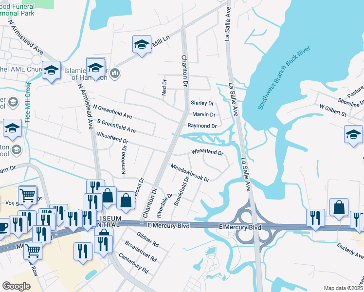 map of restaurants, bars, coffee shops, grocery stores, and more near 36 Wheatland Drive in Hampton