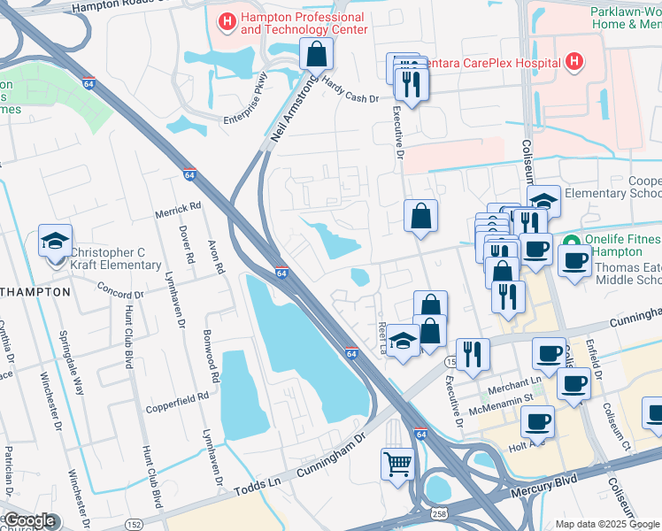 map of restaurants, bars, coffee shops, grocery stores, and more near 200 Monticello Mews in Hampton