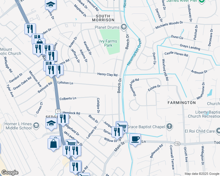 map of restaurants, bars, coffee shops, grocery stores, and more near 158 Lyliston Lane in Newport News