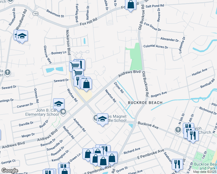 map of restaurants, bars, coffee shops, grocery stores, and more near 2304 Andrews Boulevard in Hampton