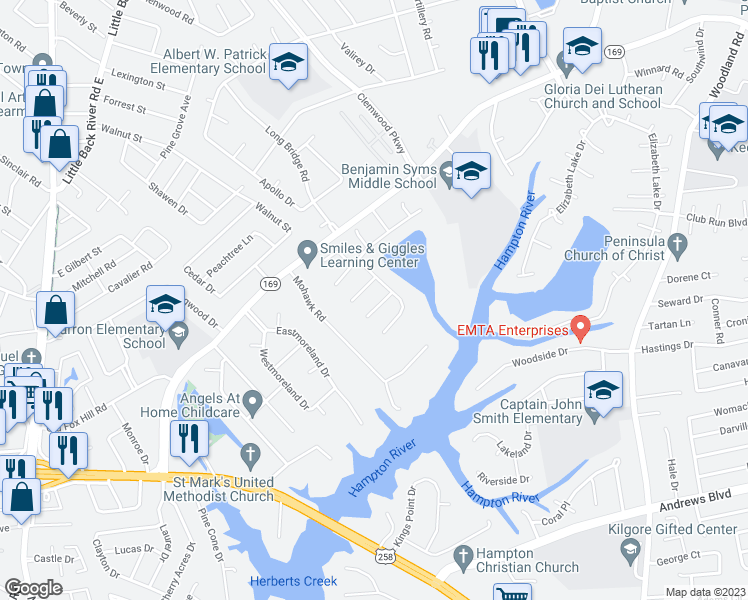 map of restaurants, bars, coffee shops, grocery stores, and more near 6 Lake Superior Court in Hampton