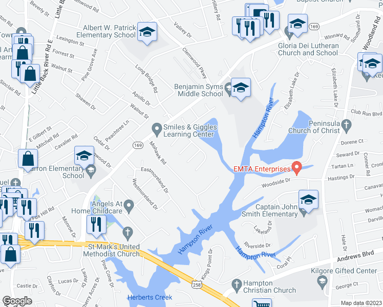 map of restaurants, bars, coffee shops, grocery stores, and more near 6 Lake Superior Court in Hampton