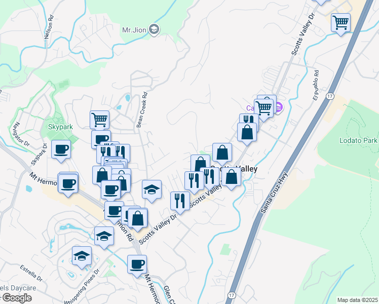 map of restaurants, bars, coffee shops, grocery stores, and more near 29 Erba Lane in Scotts Valley