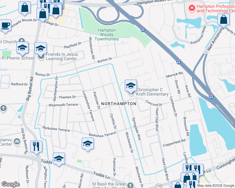 map of restaurants, bars, coffee shops, grocery stores, and more near 314 Winchester Drive in Hampton
