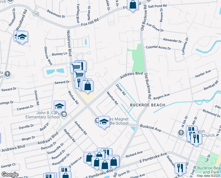 map of restaurants, bars, coffee shops, grocery stores, and more near 2304 Andrews Boulevard in Hampton