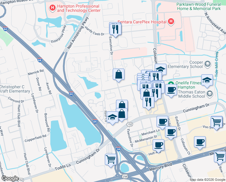 map of restaurants, bars, coffee shops, grocery stores, and more near 2205 Executive Drive in Hampton