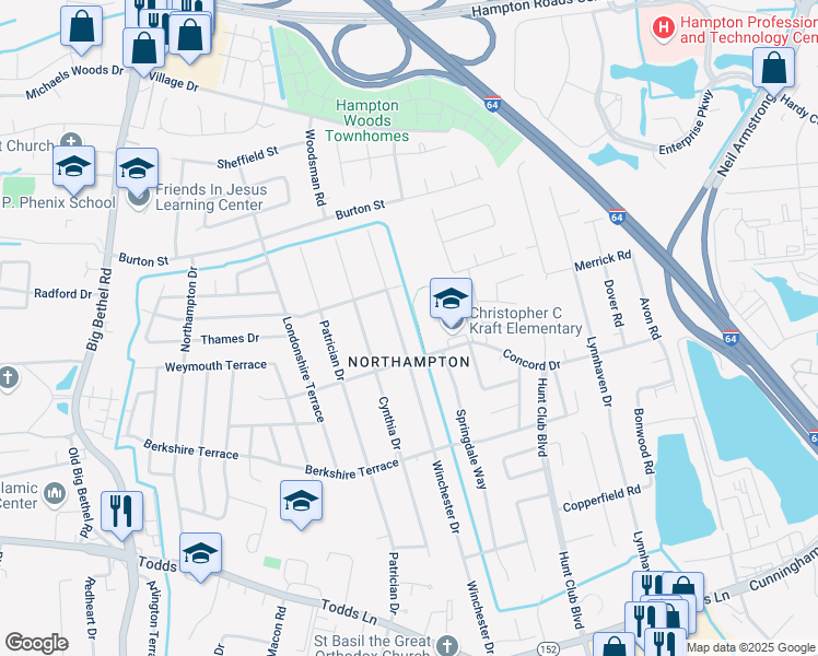 map of restaurants, bars, coffee shops, grocery stores, and more near 314 Winchester Drive in Hampton