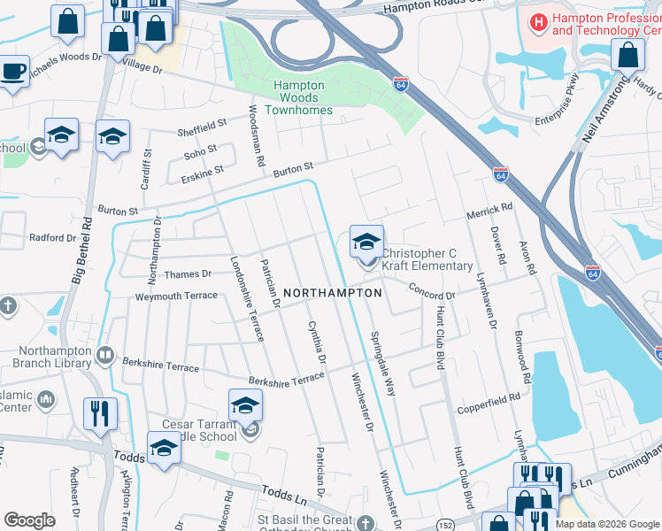 map of restaurants, bars, coffee shops, grocery stores, and more near 314 Winchester Drive in Hampton