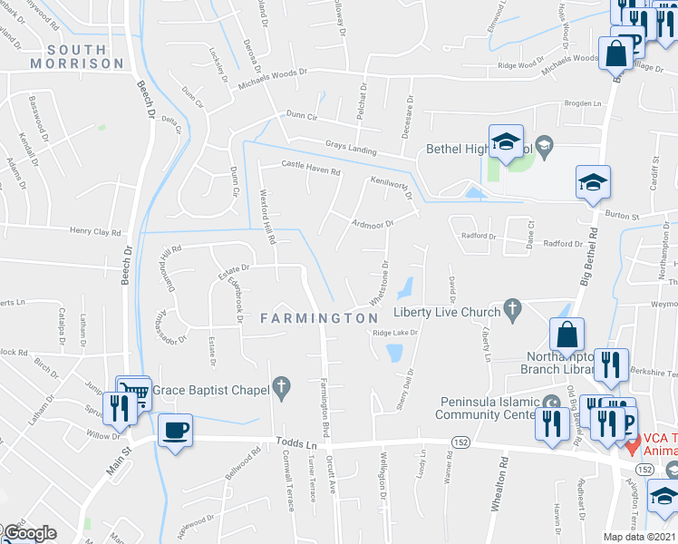 map of restaurants, bars, coffee shops, grocery stores, and more near 11 Fallmeadow Court in Hampton