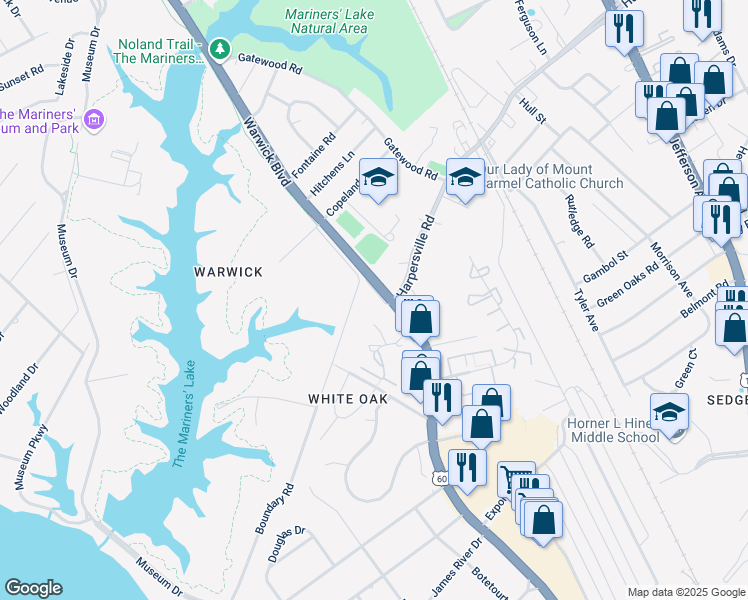 map of restaurants, bars, coffee shops, grocery stores, and more near 11144 Warwick Boulevard in Newport News