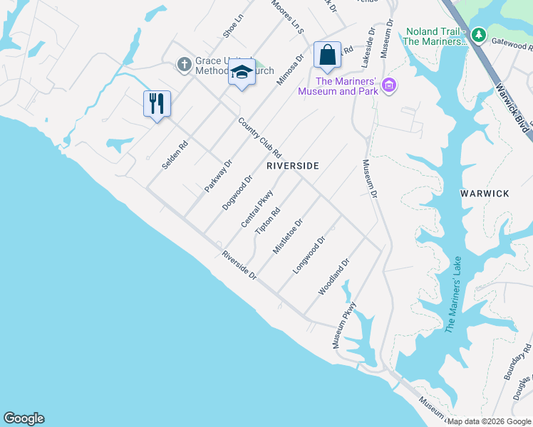 map of restaurants, bars, coffee shops, grocery stores, and more near 127 Tipton Road in Newport News