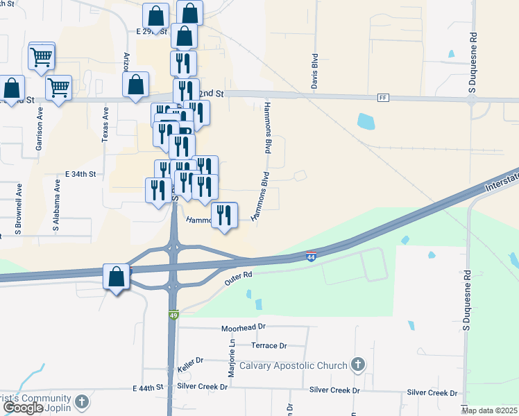 map of restaurants, bars, coffee shops, grocery stores, and more near 3536 Hammons Boulevard in Joplin