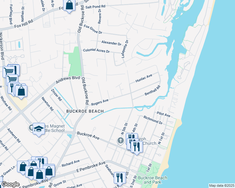 map of restaurants, bars, coffee shops, grocery stores, and more near 520 Rogers Avenue in Hampton