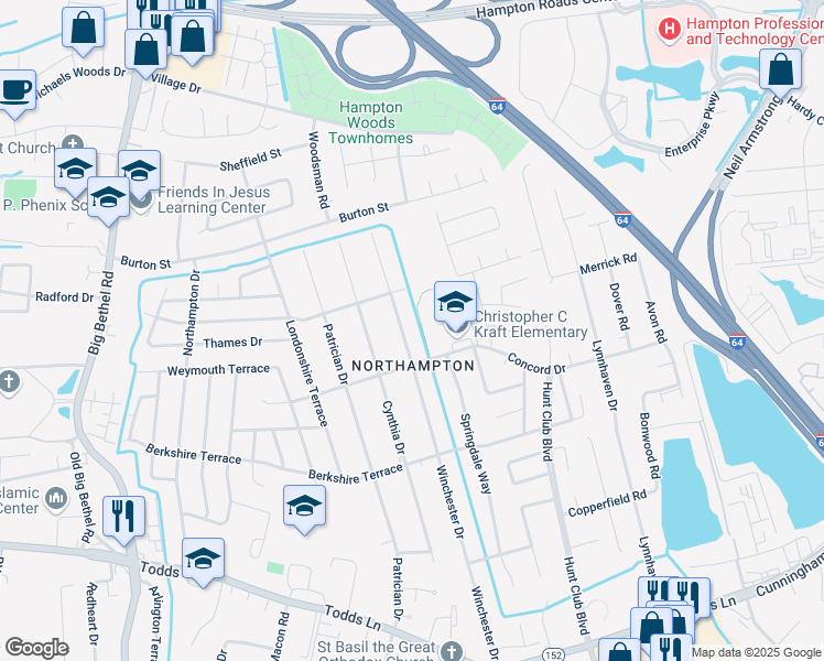 map of restaurants, bars, coffee shops, grocery stores, and more near 314 Winchester Drive in Hampton