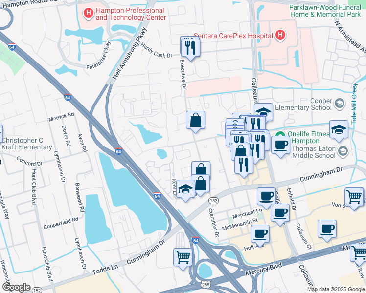 map of restaurants, bars, coffee shops, grocery stores, and more near 101 Benevita Place in Hampton