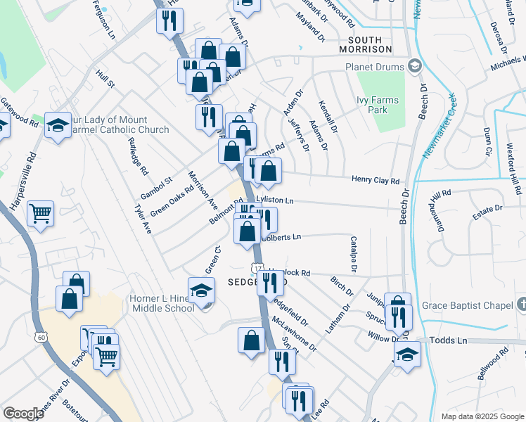 map of restaurants, bars, coffee shops, grocery stores, and more near 10614 Jefferson Avenue in Newport News