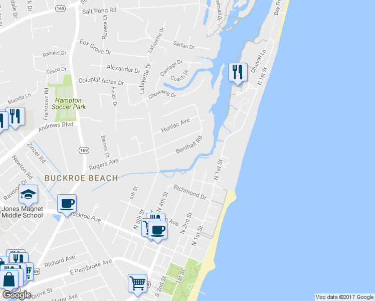 map of restaurants, bars, coffee shops, grocery stores, and more near 417 Benthall Road in Hampton