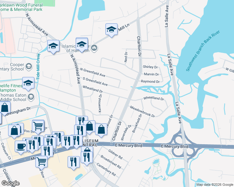 map of restaurants, bars, coffee shops, grocery stores, and more near 42 South Greenfield Avenue in Hampton