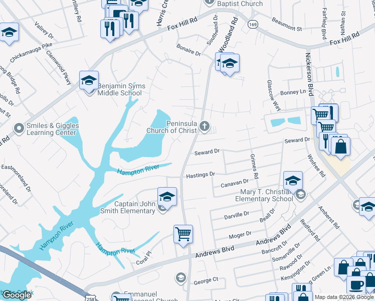 map of restaurants, bars, coffee shops, grocery stores, and more near 1400 Dorene Court in Hampton