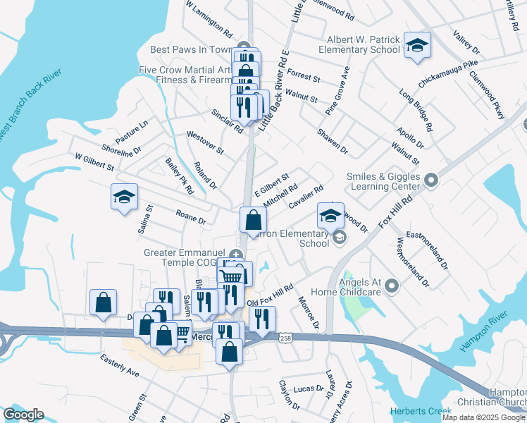 map of restaurants, bars, coffee shops, grocery stores, and more near 2 East Gilbert Street in Hampton