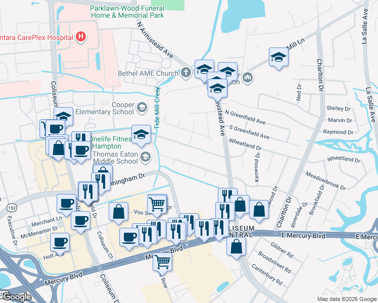 map of restaurants, bars, coffee shops, grocery stores, and more near 125 Marcella Road in Hampton