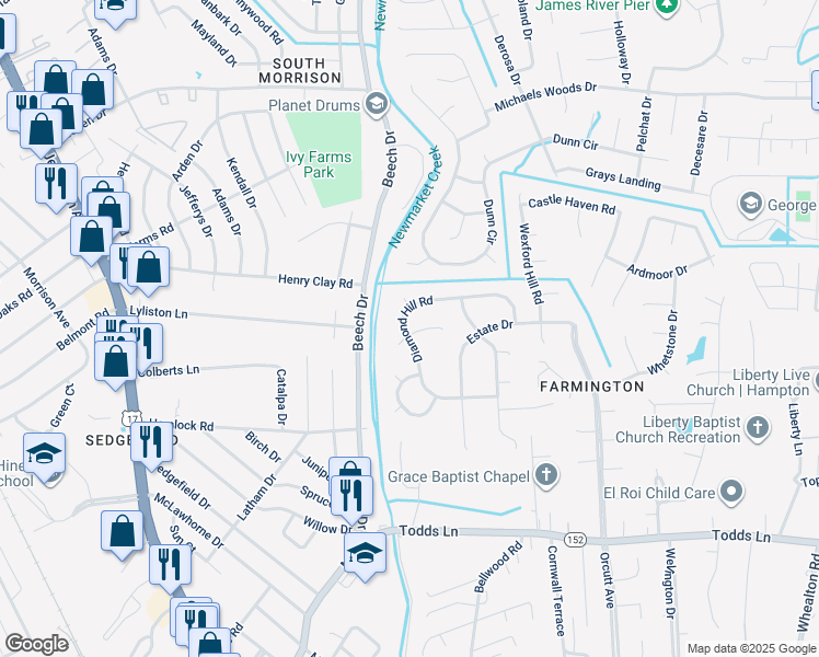 map of restaurants, bars, coffee shops, grocery stores, and more near 1 Waterford Circle in Hampton