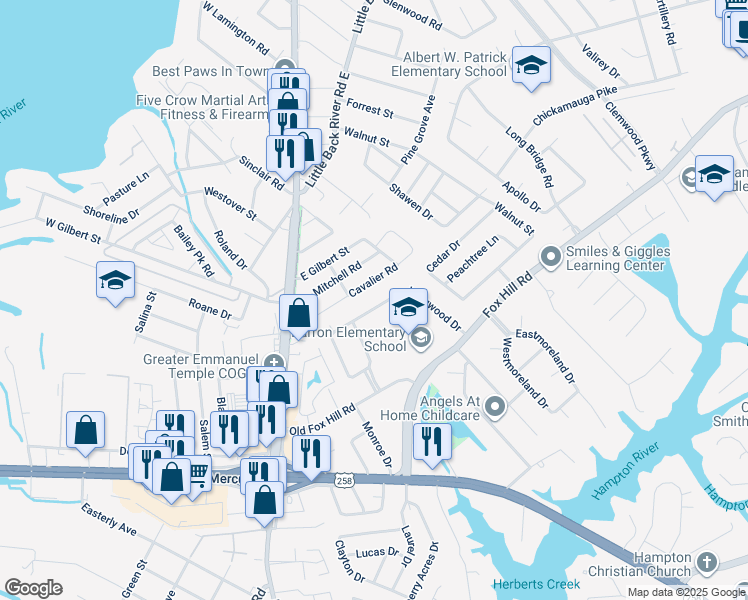 map of restaurants, bars, coffee shops, grocery stores, and more near 45 Longwood Drive in Hampton