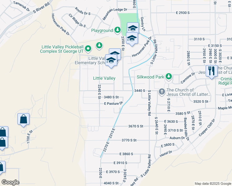 map of restaurants, bars, coffee shops, grocery stores, and more near 2334 East Crimson Ridge Drive in St. George