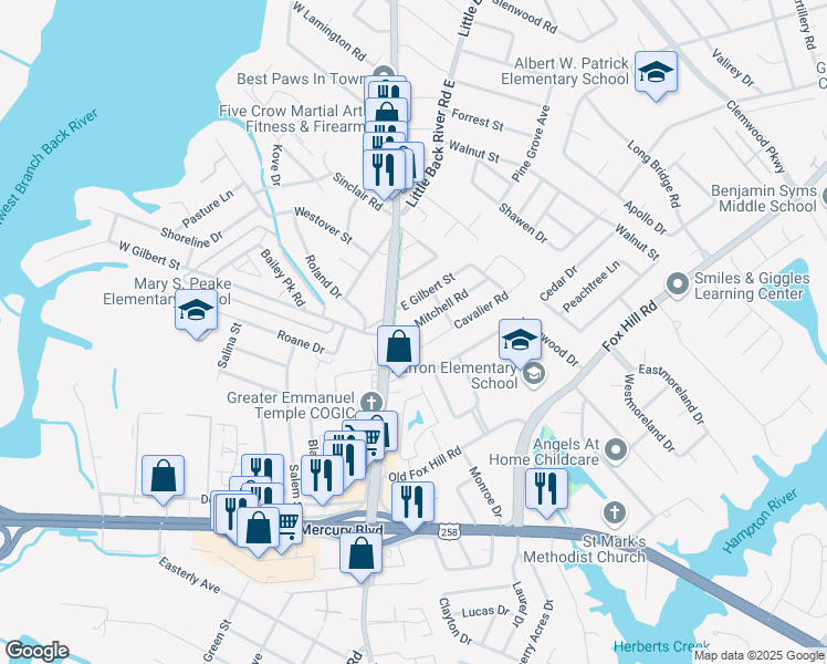 map of restaurants, bars, coffee shops, grocery stores, and more near 8 Mitchell Road in Hampton
