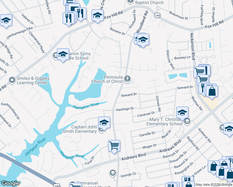 map of restaurants, bars, coffee shops, grocery stores, and more near 1400 Dorene Court in Hampton
