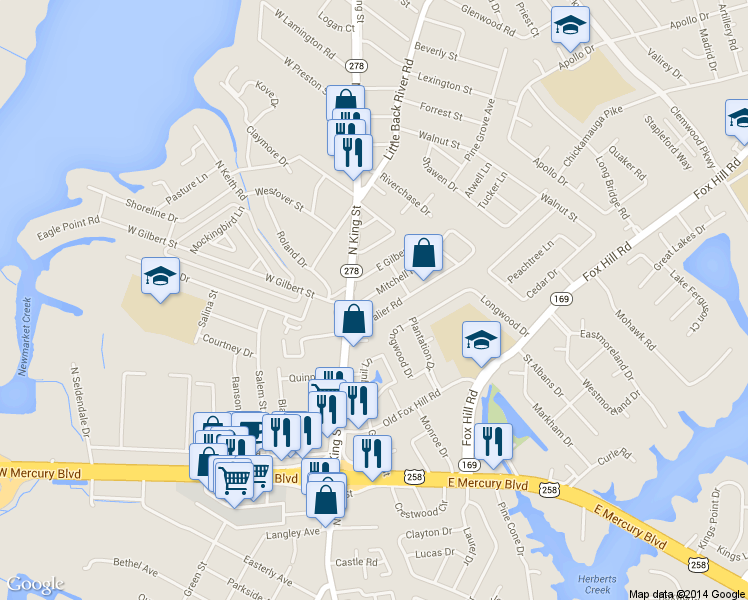 map of restaurants, bars, coffee shops, grocery stores, and more near 2 East Gilbert Street in Hampton