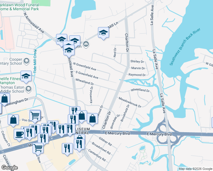 map of restaurants, bars, coffee shops, grocery stores, and more near 42 South Greenfield Avenue in Hampton