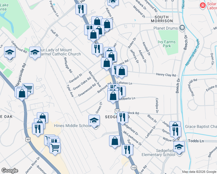 map of restaurants, bars, coffee shops, grocery stores, and more near 10623 Jefferson Avenue in Newport News