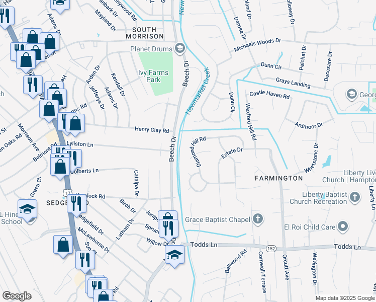 map of restaurants, bars, coffee shops, grocery stores, and more near 42 Diamond Hill Road in Hampton