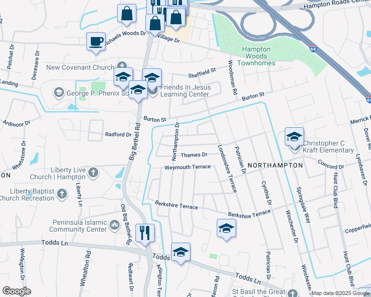 map of restaurants, bars, coffee shops, grocery stores, and more near 827 Headrow Terrace in Hampton