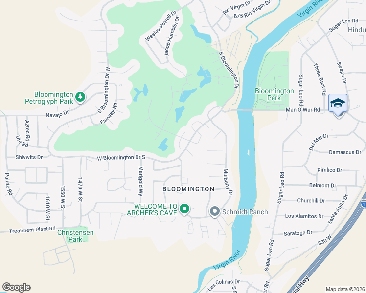 map of restaurants, bars, coffee shops, grocery stores, and more near South Chaparral Drive in St. George