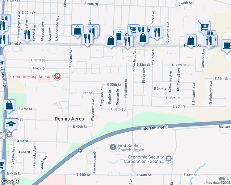 map of restaurants, bars, coffee shops, grocery stores, and more near 3511 Norman Drive in Joplin